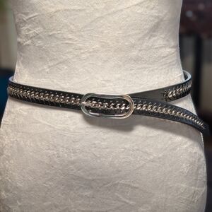 Nine West Black Leather Belt with Silver Chain Detail